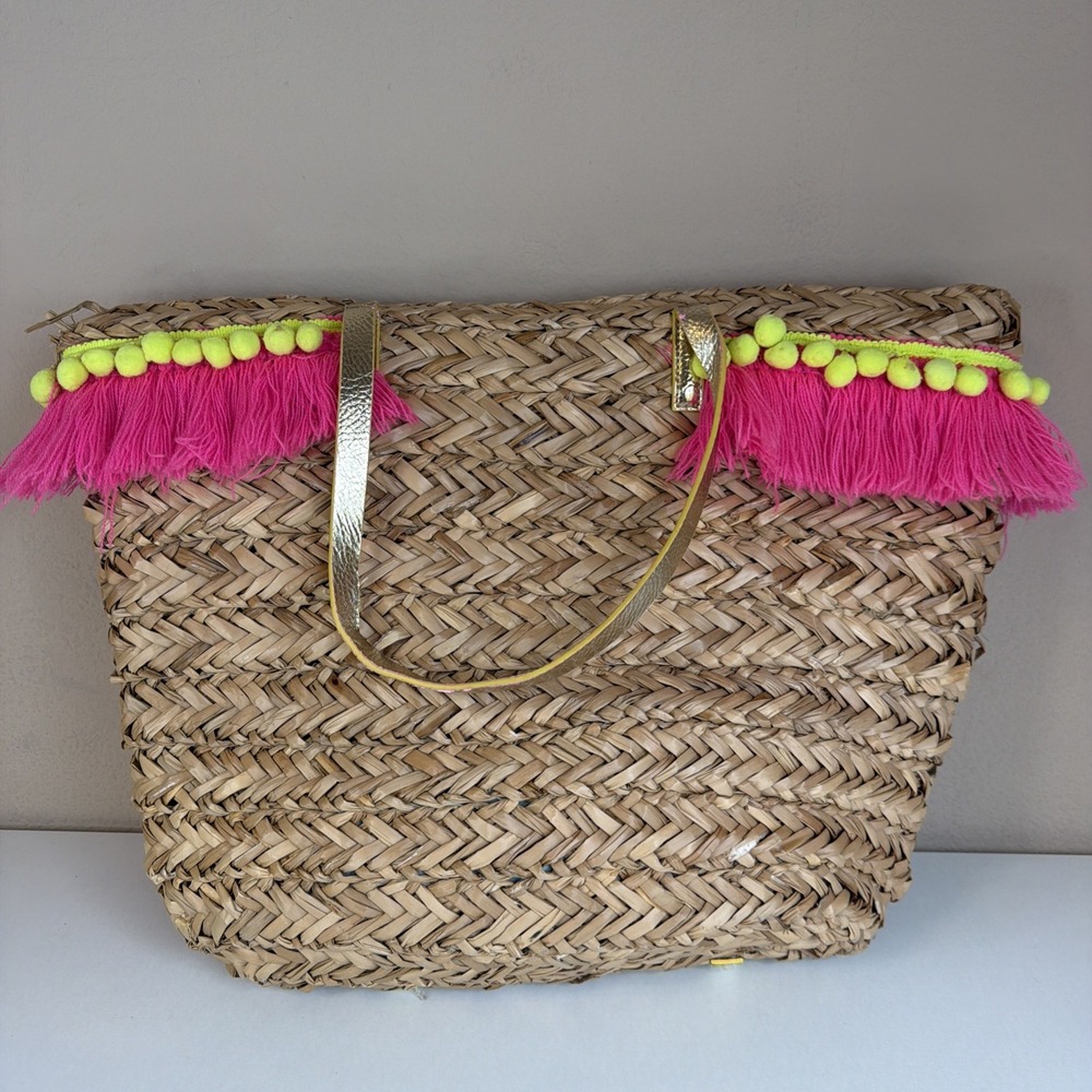 Lilly Pulitzer Large Woven Tote Bag, Gold Double Handles, Tassel Fringe, Open - Picture 4 of 15